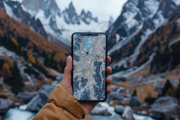 Close-up view of a hiker using smartphone's GPS app in mountain travel. Technology takes the lead as the hiker uses GPS to explore the mountainous terrain. - obrazy, fototapety, plakaty