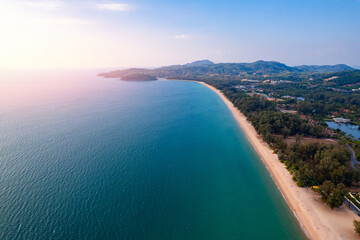 Aerial top view panorama sunset Bang Tao beach with sea of Phuket paradise. Concept tropical travel photo Thailand - obrazy, fototapety, plakaty