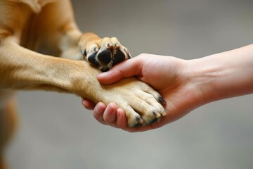Heartwarming connection  human hand and dog paw touch in a gesture of love and friendship