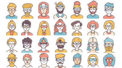 Human faces icons thin line set. Hipster characters