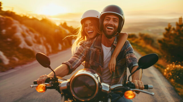 Happy couple having fun traveling with motorcycle during sunset time while wearing helmet - Summer vacation roadtrip concept - Models by AI generative