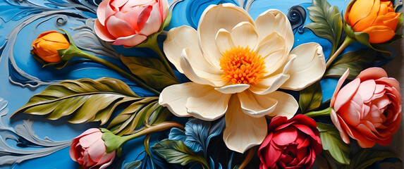 Brightly colored flowers are set against a swirling pattern of blue, showcasing nature’s vibrant palette