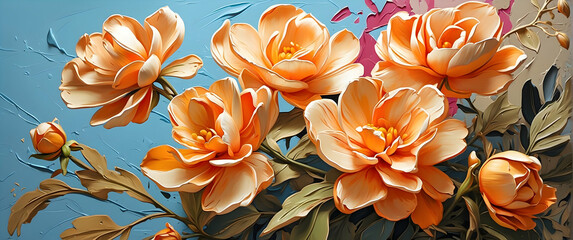 A beautiful and modern painting that captures stylized orange blossoms set against a contrasting blue background, creating artistic allure - obrazy, fototapety, plakaty