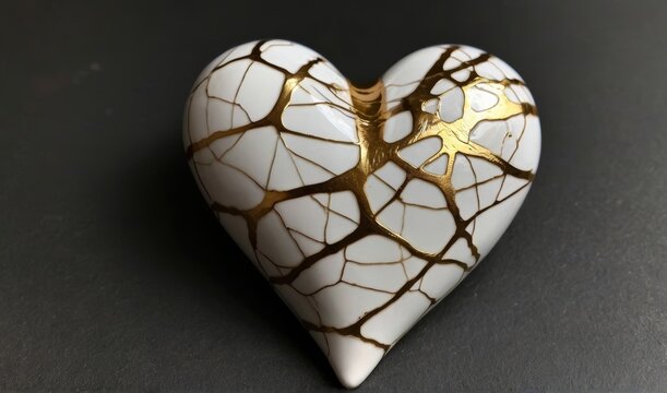 Kintsugi Upcycled white porcelain ceramic heart with golden cracks details. Kintsugi kintsukuroi golden repair is the Japanese art of repairing broken pottery