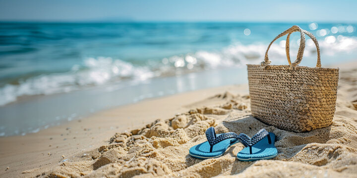 Blue flip-flops and natural fiber bag resting on beach with sea waves and clear sky in background Copy Space