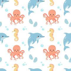 Summer cute pattern with sea life: dolphin, seahorse, octopus, sea life, background for children. Vector illustration on white background