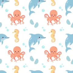 Fototapete Meeresleben Summer cute pattern with sea life: dolphin, seahorse, octopus, sea life, background for children. Vector illustration on white background