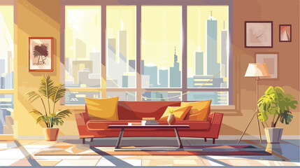 Light living room in modern apartment with cityscape vector