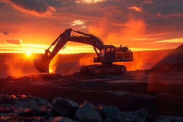 The excavator rests on rugged terrain, its hydraulic arm poised against the vivid sky - obrazy, fototapety, plakaty