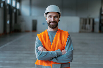Happy, bearded professional worker, factory foreman, builder wearing workwear and white hard hat