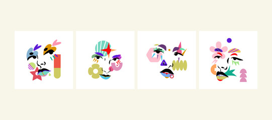 Set of various abstract portraits of girls with geometric multi-colored figures. Hand drawn vector illustration. - 786268384