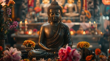 Dark bronze Buddha statue in a temple adorned with marigold flowers and traditional offerings