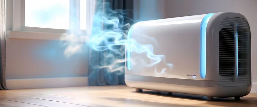 A modern air purifier tackles indoor smoke efficiently, pictured against backdrop of heartwarming sunlight entering the room