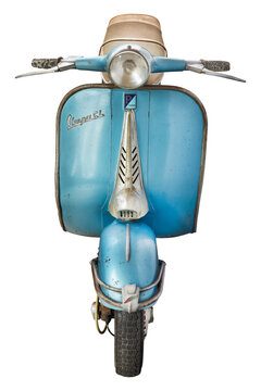 Front view of a vintage Vespa Italian blue scooter from the fifties in Drempt on April 15, 2024