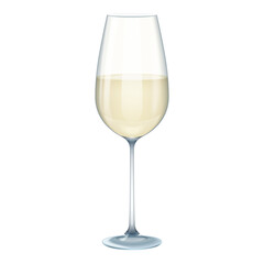 3D glass of white wine, alcohol drink half pouring into tall clear cup vector illustration
