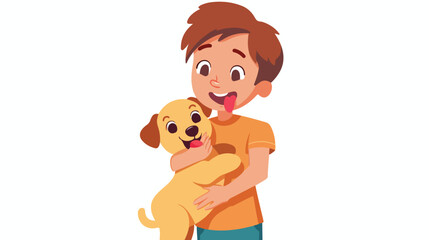 Kid holding puppy dog in his hands Excited