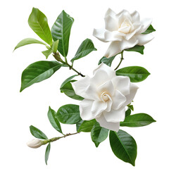 Gardenia flower with branch and leaf isolated on a white background