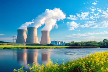Nuclear power plant. Beautiful summer landscape by the river	