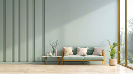 Home, furniture and sunshine with minimalism, wall and mockup space with ergonomics. Empty, sunlight and window with chair, sofa or interior design with modern style and lounge with plants or coach