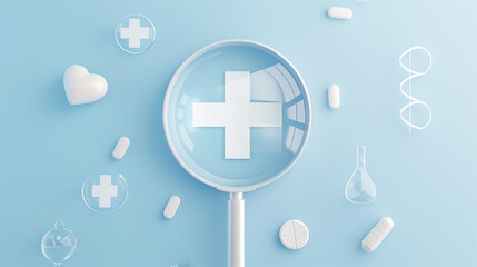 Health Care Concept with Magnifying Glass and Medical Symbols