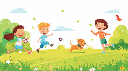 Obraz na płótnie Canvas Kids play in summer park vector illustration Cartoon