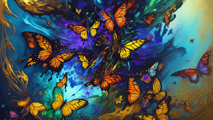 Fototapeta na wymiar Modern Abstract Art Using a Vibrant Butterfly and Flower Effect Evolving into Colorful 3D Like Dynamic Thick Oil Splash, Spray and Symmetrical Effects