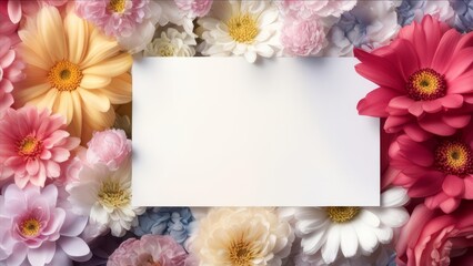 Flowers with large buds around a white blank sheet of paper.