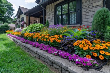 Landscape design with flower beds in home garden, beautiful landscaping