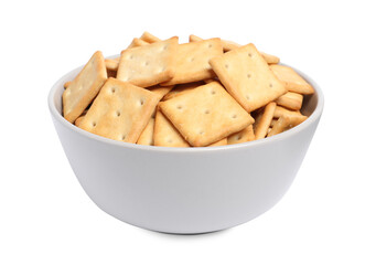 Tasty crackers in bowl isolated on white