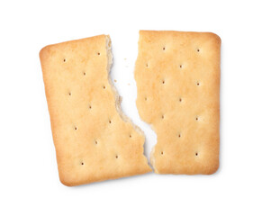 Crispy broken cracker isolated on white, top view