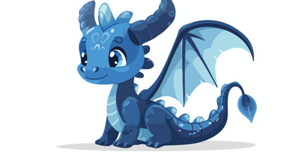 Little cute cartoon blue baby dragon with horns and wi - obrazy, fototapety, plakaty