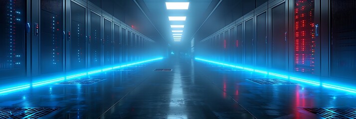 A high-tech computer server room, rows of servers emitting a cool blue light, in a dark, secure facility