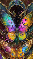 Fantasy Artwork of a Mesmerizing, Jewel-Toned Mosaic Butterflies In Vivid, Shimmering Detail, Set Against a Vibrant Floral Relief Art And Dreamlike Alcohol Ink Backdrop.