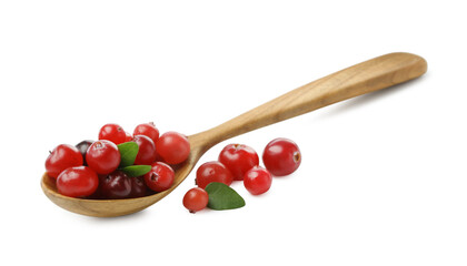 Wooden spoon and fresh ripe cranberries with leaves isolated on white