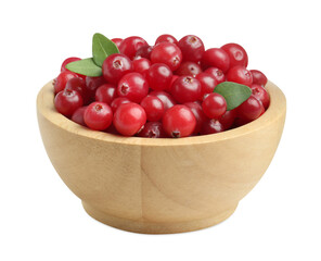 Wooden bowl of fresh ripe cranberries with leaves isolated on white