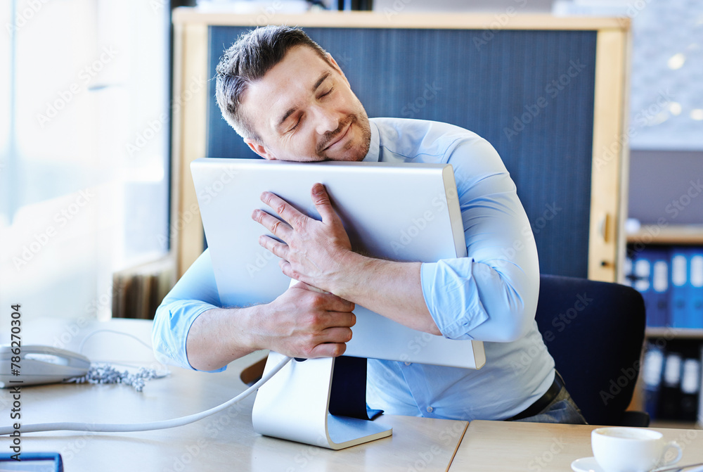 Aufkleber office, hug or man with laptop for love of programs, applications and career in workplace. happy bus