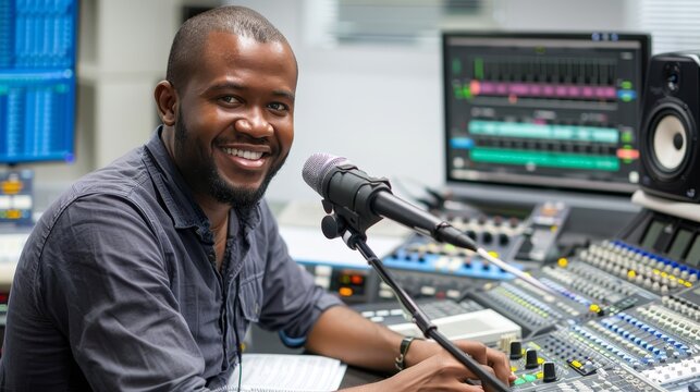 Energetic radio host speaking into microphone, broadcasting live in studio with enthusiasm