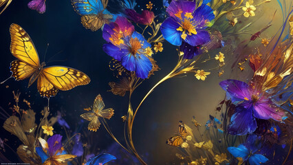 Fototapeta na wymiar Fantasy Modern Artwork of Mesmerizing Colorful Oil Painted, Jewel-Toned Butterflies And Wild Flowers, Against A Dark Alcohol Ink Background
