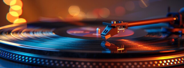 Playing vinyl records, close-up on the turntable needle, warm ambient lighting, the essence of analog music, detailed texture,  - obrazy, fototapety, plakaty