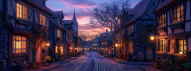Twilight town, cozy lights in windows, cobblestone streets, tranquil and mysterious, soft dusk light, inviting warmth,  - obrazy, fototapety, plakaty