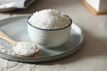 Organic salt in bowl and wooden spoon on table, closeup