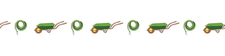 Edging, ribbon, border with outline garden wheelbarrow, rolled hose for irrigation. Gardening equipment. Simple doodle ornament, decorative element, divider on topic of gardening, farming, agriculture - obrazy, fototapety, plakaty