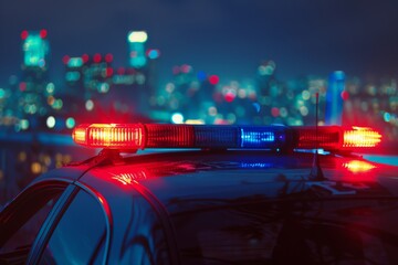 Flashing blue and red lights on a police car against a blurred urban backdrop, reflecting the urgency and power of law enforcement. - obrazy, fototapety, plakaty