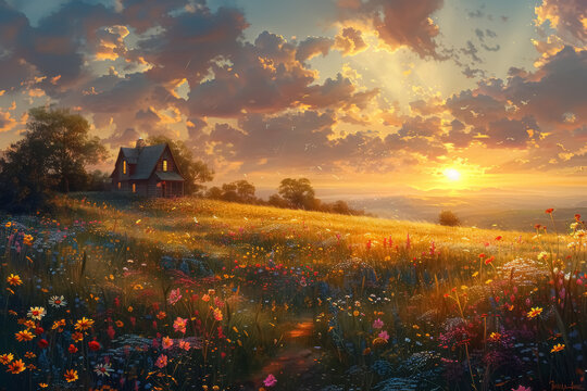 sunset landscape with a cozy cottage amidst blooming flowers and lush greenery