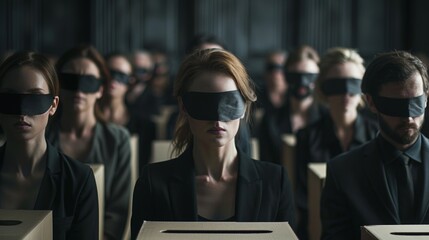Blindfolded people voting, manipulated by politics and the media. - obrazy, fototapety, plakaty