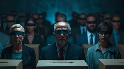 Blindfolded people voting, manipulated by politics and the media. - obrazy, fototapety, plakaty