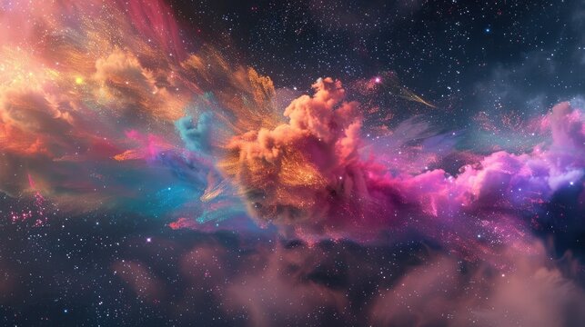 3 dimensional space particles move horizontally across a hazy black digitally created sky background forming a color cloud
