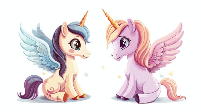 Little winged pony and unicorn Vector illustration isolated
