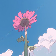 a pink flower that is in the middle of a field