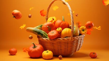 basket with pumpkins and flowers